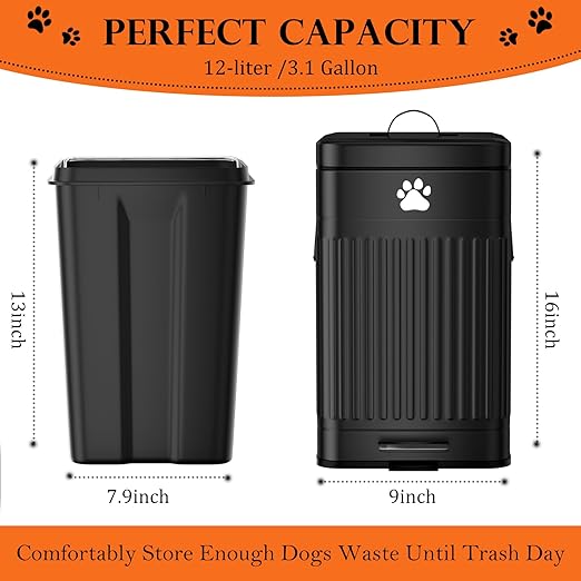 Dog Poop Trash Can Outside, 12L/3.1Gal Metal Dog Waste Trash Can with Lid, Foot Pedal, Waste Container with 40 Bags, Pet Poop Bucket with Lid Soft Close for Pet, Rectangular Black