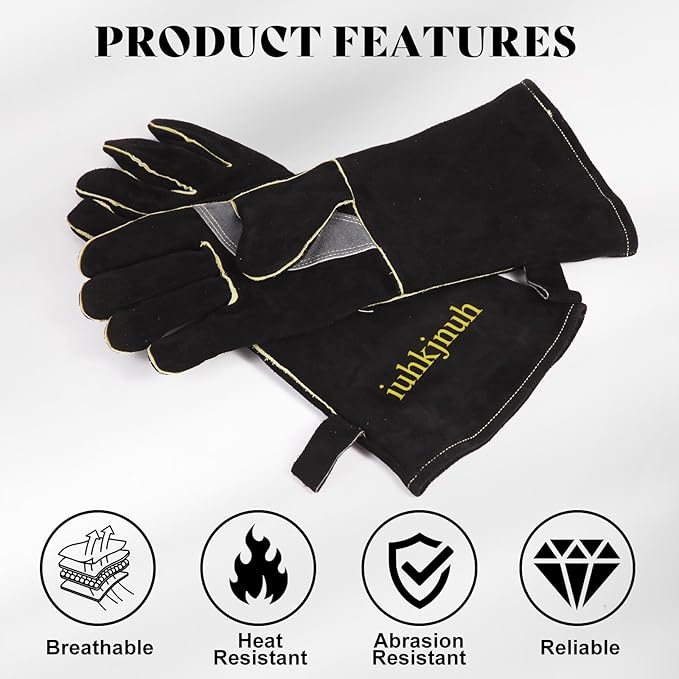 Leather Oven Gloves for Women Man, Heat Resistant Fire Long Sleeve Gloves for Tig Mig Stick BBQ Fireplace Animal Handling (16in)