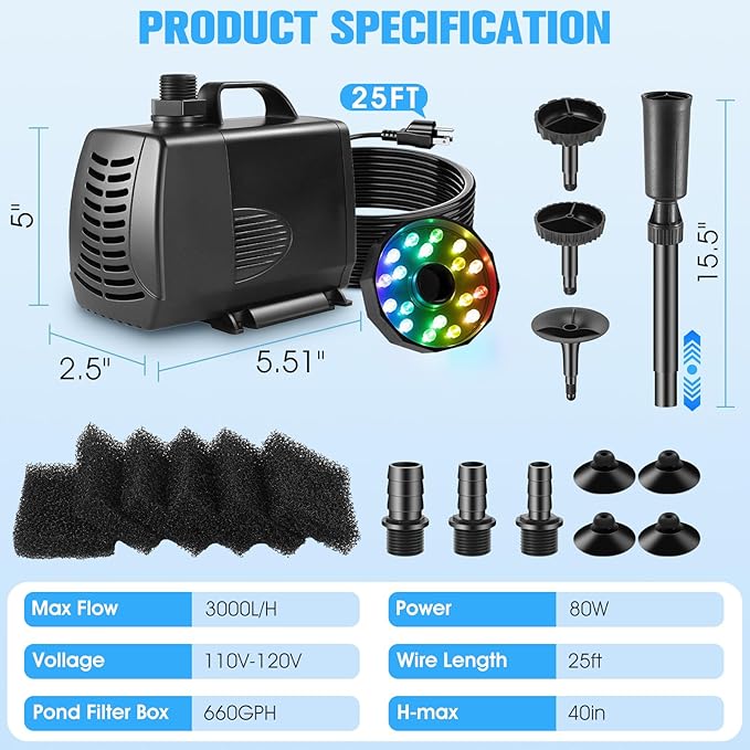Submersible Pump RGB Pond Filter System Kits,3-in-1 Pond Filter Fountain with Colorful Lights,660GPH Pond Filter Box,Multi-layer Filtration, Applicable to Garden Pond,Fish Tank,Water Feature