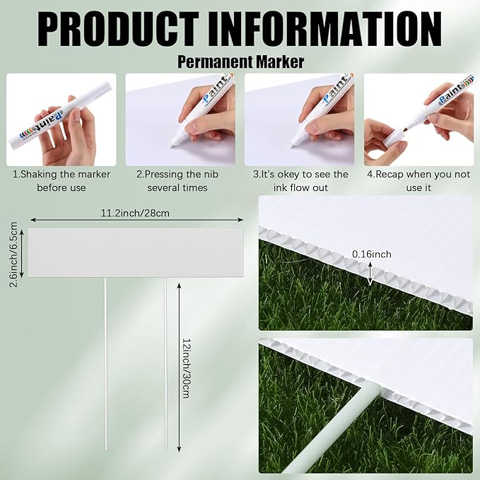 10 Set Jumbo Outdoor Plant Label Stakes Waterproof Nursery Garden Markers Plastic T Type Plant Tag Identification Stake with Marker Pen for Herb Vegetable Flowers, 12" High(White)