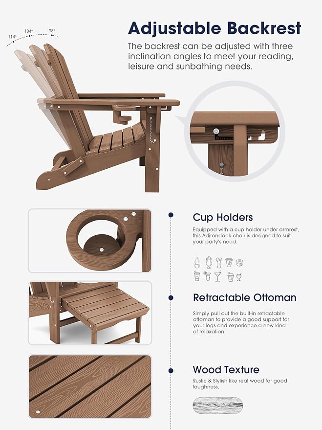 KINGYES Folding Adjustable Adirondack Chair with Retractable Ottoman Set of 6, HDPE All Weather Chair with Cup Holder - Recliner Adirondack Chair, Brown