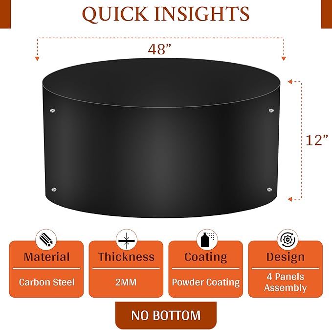 Fire Rings for Outdoors Heavy Duty – fire Pit Ring 48 inch – No Bottom Round DIY fire Pit Liner - Above or In-Ground fire Ring for Outdoor Garden Patio Camping Bonfire
