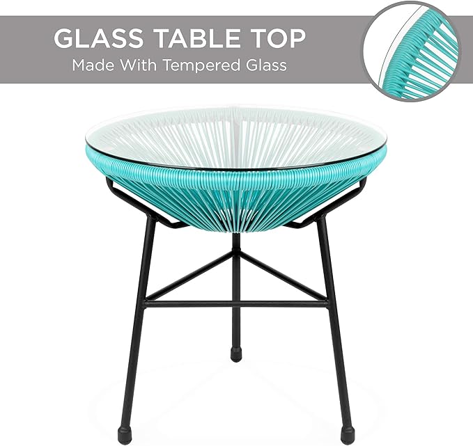 Best Choice Products 3-Piece Outdoor Acapulco All-Weather Patio Conversation Bistro Set w/Plastic Rope, Glass Top Table and 2 Chairs - Light Blue