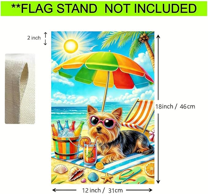 Summer Garden Flags for Outside 12x18 Double Sided, Burlap Beach Yorkie Dog Garden Flag Summer Coastal Decoration, Small Decorative Ocean Outdoor Yard Lawn Porch Flags