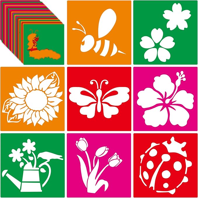 24 Pieces Spring Stencils for Kids 8 Inches Summer Drawing Chalk Stencils Large Washable Garden Flower Butterfly Themed Primary Shape Template for Kids Toddlers Preschooler