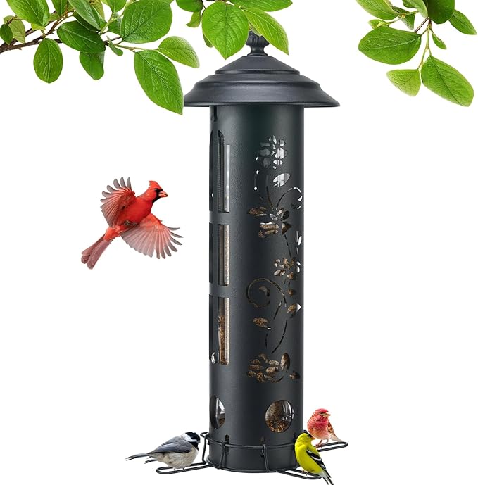 Veehoo Squirrel Proof Bird Feeder for Outdoors, Hanging Wild Bird Feeder Anti Squirrel with Weight-Activated Perches, Metal Cardinal Finch Feeder Outside Decorative for Thistle and Mixed Seed, Black