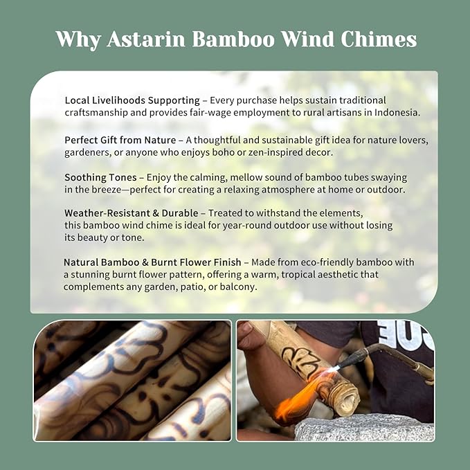 ASTARIN Bamboo Wind Chimes for Outside,Handcrafted Wooden Wind Chimes for Outside with Coconut Crown, Floral Burned Design Bamboo Windchimes for Garden,Yard,Home(44 Inch) (FSC Certified)
