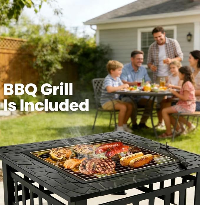 ZENY 32 inch Outdoor Fire Pit with Grill for Outside Wood Burning, Square Metal Outside Fireplaces, Spark Screen and Poker Included for Backyard Patio Camping Bonfire