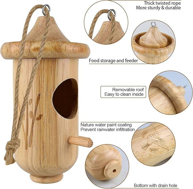 Hummingbird House for Outside Hanging, Wooden Hummingbird Gifts Nest 3 Pack with Hemp Ropes, Gardening Gifts Humming Bird Houses Home Decoration