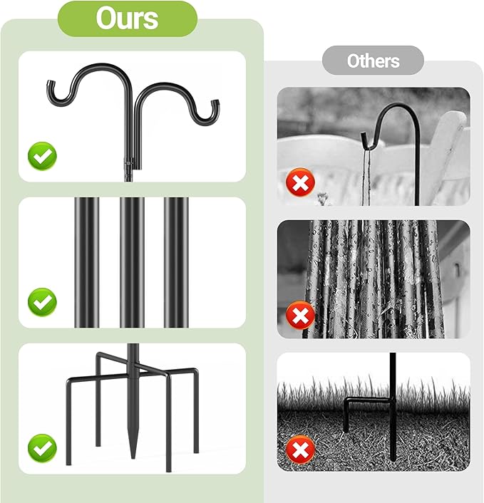 Double Shepherds Hooks for Outdoor,92" Heavy Duty Bird Feeder Pole with 5 Prong Base, Adjustable Shepherds Hook for Bird feeders Outside, Garden, Weddings, Hanging Plants, 1 Pack, Black