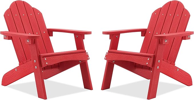 LUE BONA Kids Adirondack Chair Set of 2, Red Poly Lumber Plastic Weather Resistant Toddler Outdoor Patio Lounge Chair for Balcony, Backyard