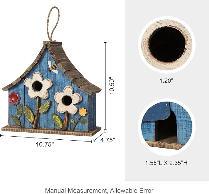 Glitzhome Hanging Birdhouses for Outdoors, 10.75" L Distressed Solid Wood Birdhouse Bird Nesting Box with 3D Flowers Rustic Hand-Painted Bird Houses for Outside