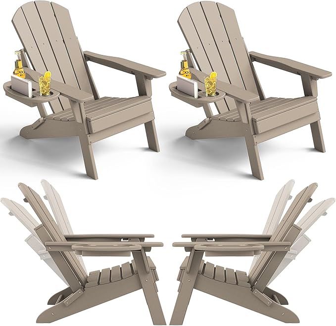 Adjustable Adirondack Chair Set of 4 with Cup Holder, All Weather HDPE Fire Pit Chairs for Deck, Backyard, Patio, Brown