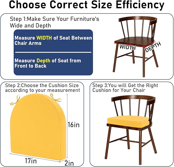 Topotdor Outdoor Chair Cushions Set of 2, 17"x16"x2" Waterproof Patio Chair Cushions for Outdoor Furniture, Round Corner Outdoor Seat Cushions Color Fastness Chair Pads with Ties, Yellow