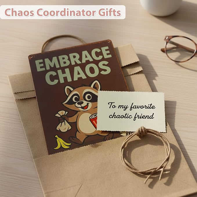 MAMAGIFTREE Raccoon “Embrace Chaos” Office Decor Metal Sign,Funny Christmas Gifts 8x12 Inches Funny Sign, Retro Wall Decor for Office Dorm Game Room, Gifts for for Boss, Manager, Coworker, Man Cave