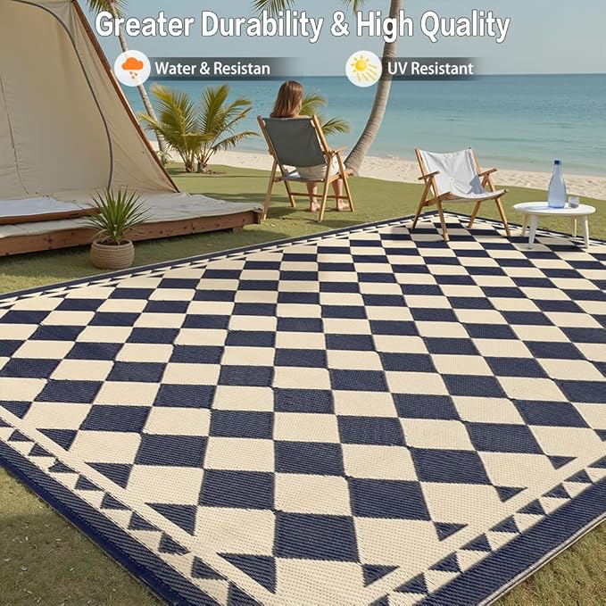 HUGEAR Outdoor Rug for Patios Clearance,Waterproof Mat,Large Outside Carpet,Reversible Plastic Straw Camping Rugs,Rv,Porch,Deck,Camper,Balcony,Backyard (8x10,Checkered/Black&Beige)
