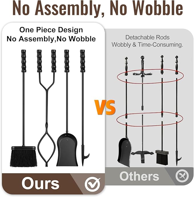 AMAGABELI Garden & Home 5 Pieces Fireplace Tools Sets Wrought Iron Indoor Fireplace Set with Poker Tongs Broom Shovel Stand Fire Tools Outdoor Fire Place Fire Pit Hearth Accessories Sets Black