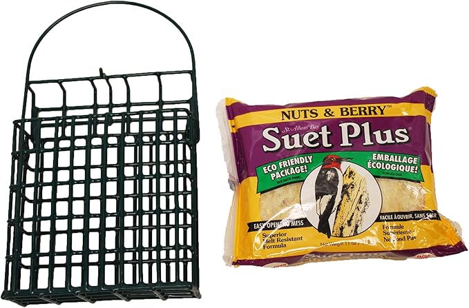Wildlife Sciences Suet Feeder Cage Suet Cake Combo for Wild Birds | Includes 1 Suet Feeder and 11 Ounce Nuts and Berry Cake
