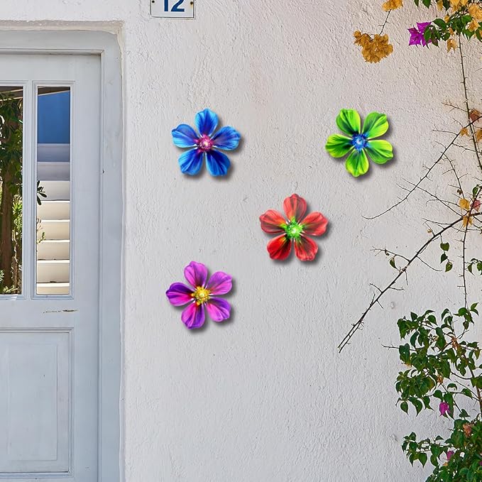 Giyyomtr Metal Flowers Wall Decor - 4pcs Metal Flower Wall Art Hanging Decorations for Outdoor Fence Garden Yard Patio Decor, Gift for Mom Friends