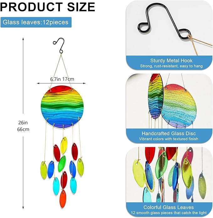 YU FENG Rainbow Stripe Double Disc Glass Wind Chime - Colorful Hanging Decor for Patio, Window & Garden