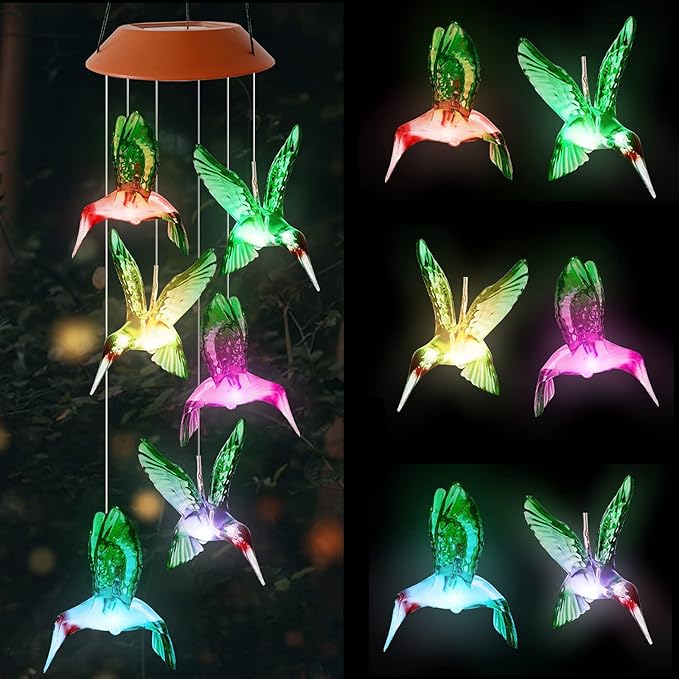 Hummingbird Solar Wind Chimes Color Changing Outdoor LED Solar Chimes Light Birthday Gifts for Women Garden Gifts for Mom Grandma Mothers Day Memorial Wind Chimes Outdoor Decor