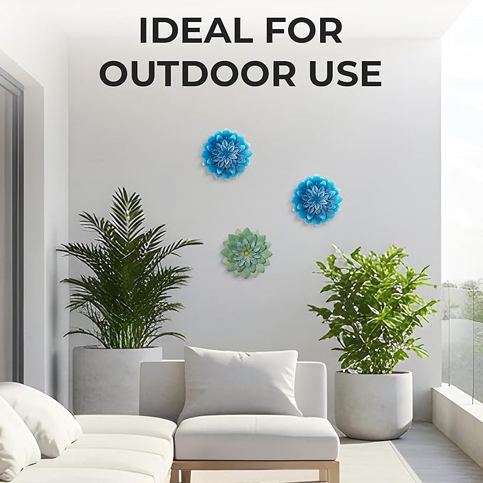 Everydecor Succulent Metal Flowers Wall Decor – Blue, Hand Painted, 3D Flower Art Decoration for Living Room, Bedroom, Kitchen, Bathroom - Floral Decor for Indoor & Outdoor Use