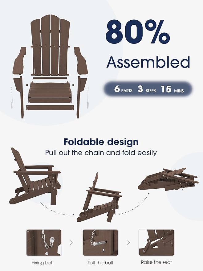KINGYES Folding Adirondack Chair, HDPE All-Weather Patio Chairs, Wooden Textured Lawn Chair for Poolside, Backyard, Deck, Fire Pit, Brown