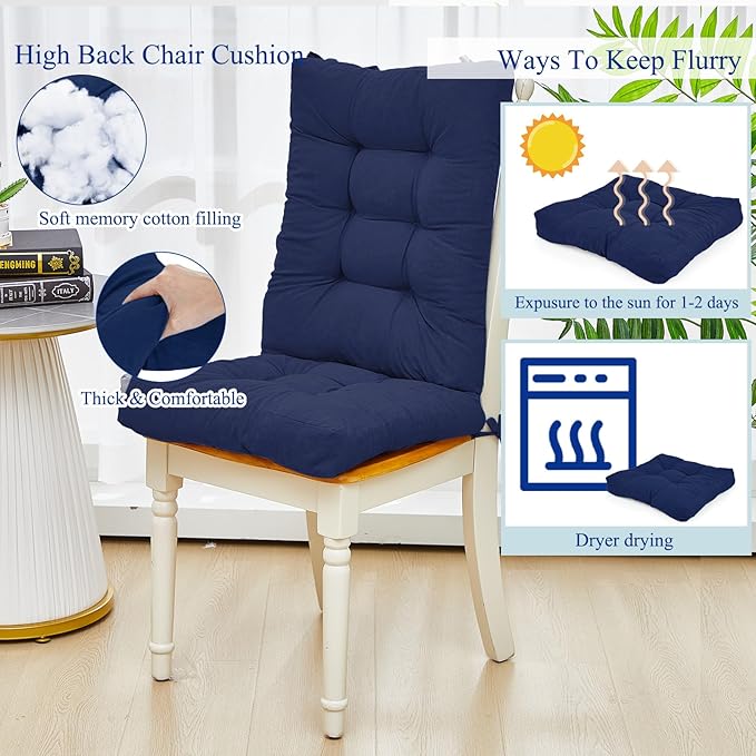 Juexica 4 Sets Outdoor Patio Chair Cushions Seat High Back Tufted Pillow Replacement Rocking Chair Cushions Pads for Patio Summer Seasonal Indoor Home Office (Navy Blue)