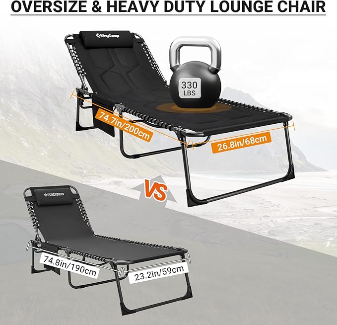 KingCamp Set of 2 Oversize Padded Folding Chaise Lounge Chair for Outdoor, Patio, Beach,Lawn, Sunbathing, Tanning, Pool, Lay Flat Heavy-Duty Adjustable Reclining Chairs with Pillow, Support 330lb