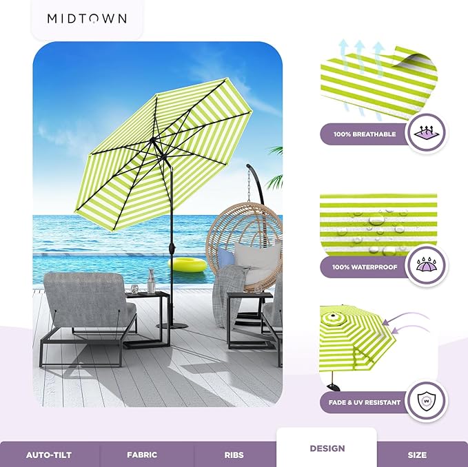 Midtown Umbrellas - 10-Year-No-Fade 9 Ft Patio Umbrella with Terylast Fabric, Auto-Tilt Aluminum Frame and 8 Reinforced Ribs for Deck, Pool, Garden & Beach - Green/White Stripes Canopy, Black Pole
