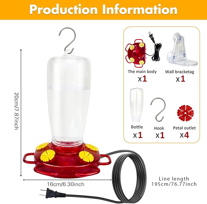 Heated Hummingbird Feeders for Winter Outdoors, 15oz Plastic Humming Bird Feeder for Winter with 4 Feeding Ports, Easy Cleaning and Filling Window Hummingbird Feeder with Suction Cup and Hook