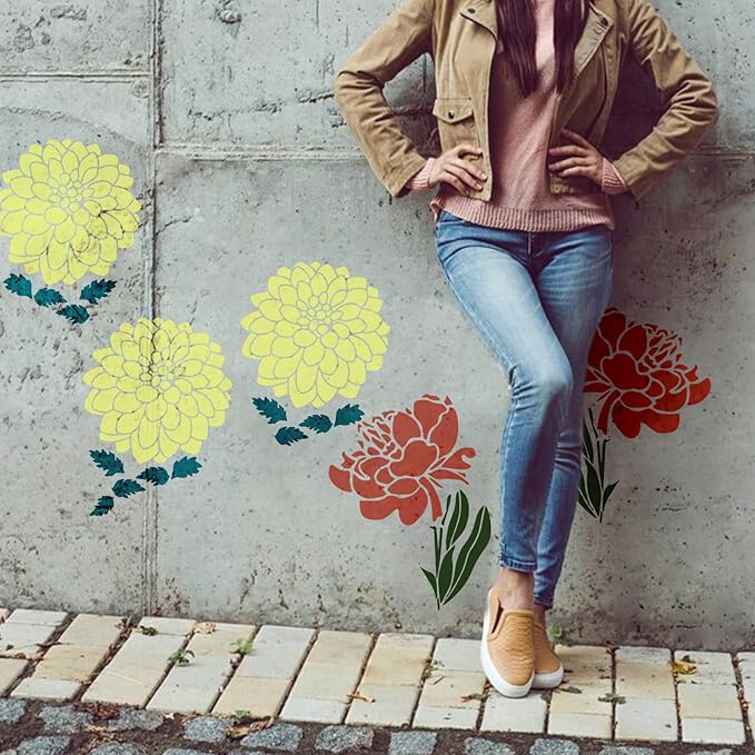 8 Pc Large Flower Stencils for Painting, Reusable Sunflower Floral Stencil for Garden Fence, DIY Decoration Hibiscus Flower for Painting On Wood Furniture, Home Decoration (A)