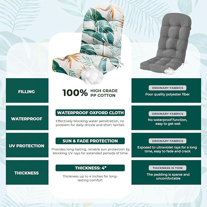 2 Pack Adirondack Chair Cushion Waterproof Indoor Outdoor Rocking Chair Cushion 44 Inches Patio High Back Chair Cushions Thickened Adirondack Rocking Chair Cushions with Ties, Yellow-Green Leaf