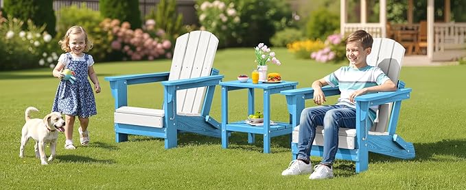 SERWALL Kids Adirondack Chair Sets for 2, HDPE Adirondack Chair for Children,All-Weather Resistant for Patio, Garden, Backyard - White and Light Blue