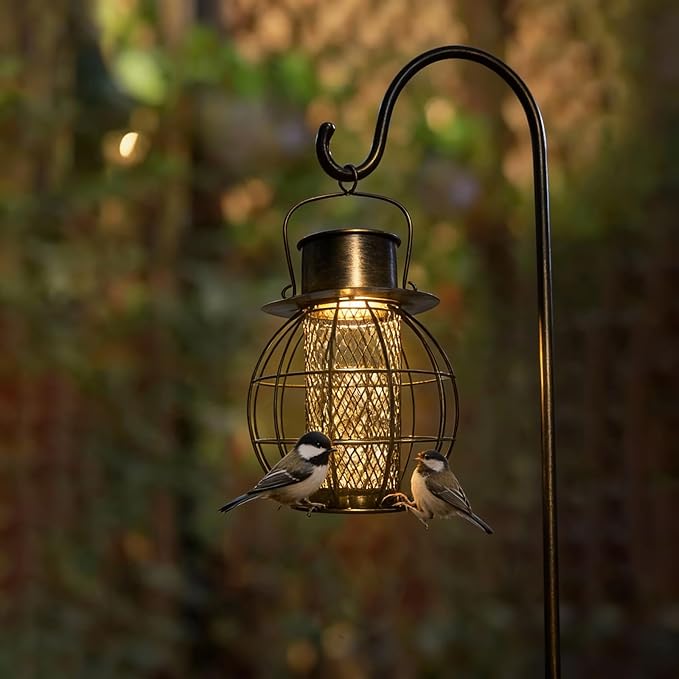 Metal Bird Feeder for Outdoors Hanging,Squirrel Proof Bird Feeder for Wild Birds,Solar Lantern Feeder for Small Birds, Garden Decor for Outside,Unique Gifts for Mom, Grandma (Bronze)