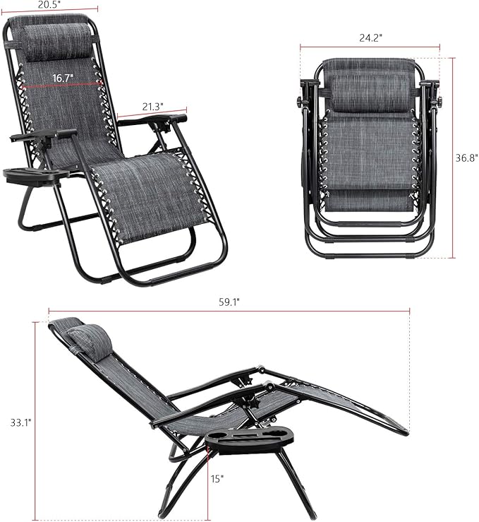 Flamaker Patio Zero Gravity Chair Outdoor Folding Lounge Chair Recliners Adjustable Lawn Lounge Chair with Pillow for Poolside, Yard and Camping (Grey)