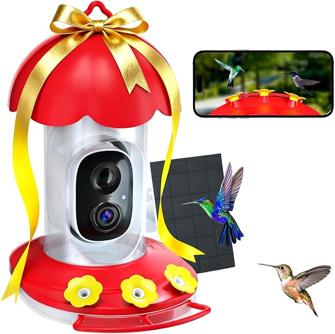 Hummingbird Feeder with Camera Solar Powered, Hummingbird Feeders for Outdoors with 2K Bird Watching Camera, Ideal Gifts for Christmas, White Elephant Gifts