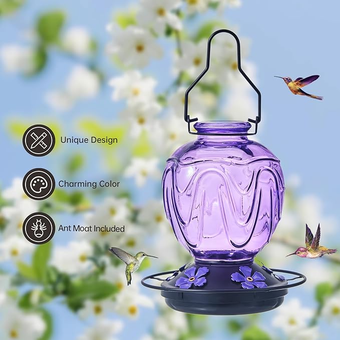 Glass Hummingbird Feeder for Outdoors Hanging,24Ozs Humming Bird Nectar Feeder w/Perch,5 Flower Feeding Ports,Leak Proof Base and Hook for Outside Garden Backyard Decor, Gifts for Women Mom,Purple
