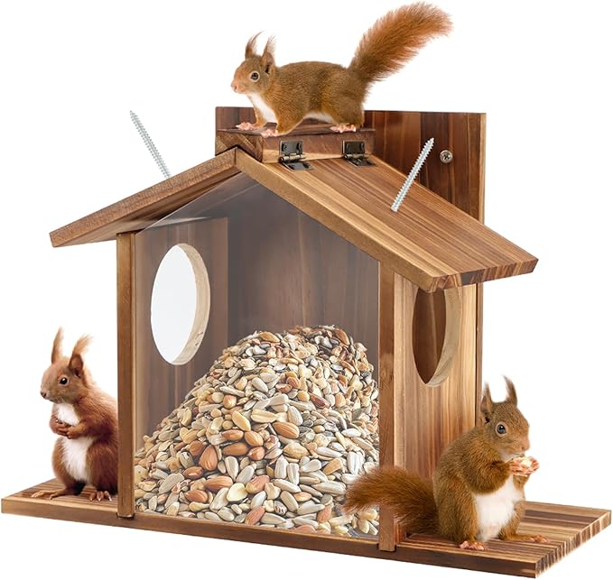 Wood Squirrel Feeder, Outside Squirrel House Box for Corn, Squirrel Picnic Table Feeder Box, Chipmunk Feeder Hold Corn, Corn Cob, Easy to Fill with Removable Front Panel, for Outdoors Winter Tree