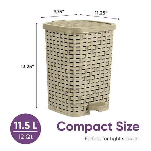 Superio Mini Trash Can with Foot Pedal Small Outdoor Garbage Can with Lid, 3 Gallon Plastic Waste Basket for Bathroom, Bedroom, Kitchen, Office, Patio (Wicker Beige 12 QT.)