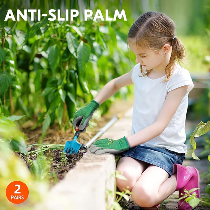 Vgo... 2-Pairs Age 7-9 Kids Garden Gloves, Bamboo Fibre Toddler Gardening Gloves, Children Yard Safety Work Gloves,Rubber(Size XS, Green, KID-RB6026)
