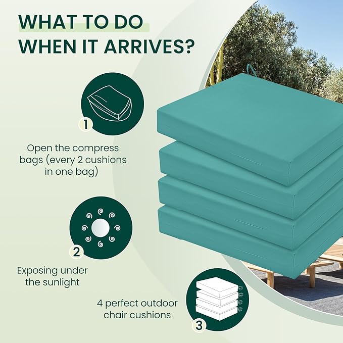 HARBOREST Outdoor Chair Cushions Set of 4, Water Resistant Patio Chair Cushions with Ties, Square Corner Outdoor Seat Cushions for Patio Furniture, 18.5"x16"x3", Teal