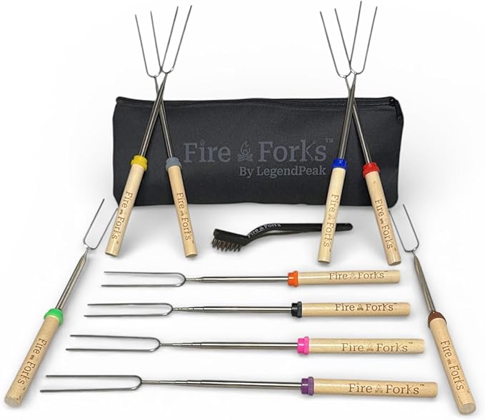 Fire Forks by LegendPeak - Marshmallow Roasting Sticks | 32” Extendable Skewers w/Color-Coded Handles, Safe Flat Tips, Cleaning Brush & Travel Bag for Campfire, Fire Pit, BBQ, S’mores (10 Pack)