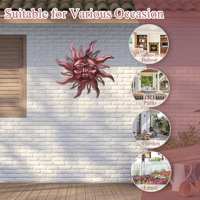 28'' Outdoor Wall Decor Rust Proof, Sun Face Metal Wall Art Decor Hanging for Indoor Outdoor, Patio, Fence, Garden(Brown)