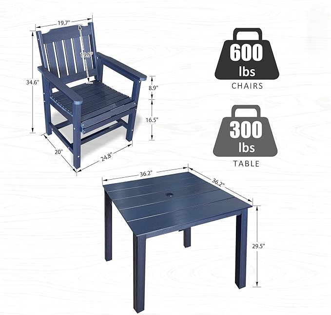 Poly Lumber Patio Dining Set, HIPS Outdoor 36.2-Inches Dining Table and Slat Back Chairs, with Umbrella Hole, Weather Resistant (5 Piece, Navy Blue)