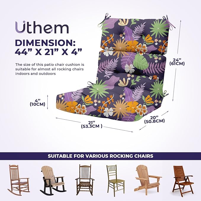 Rocking Chair Cushion, Waterproof Chairs Cushions for Adirondack Chairs Patio Chair High Back Thicked Cushions Outdoor and Indoor with Ties, Purple Flower Leaves