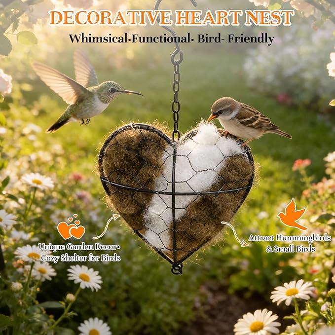 Handmade Alpaca Fiber Bird Nesting Heart,Refillable Hummingbird Nest Holder,Birds Nests Material Holder,Winter Tree Shelter for Wild Bird,Hummingbird Houses Nest Boxe for Outside Garden Art Birdhouse