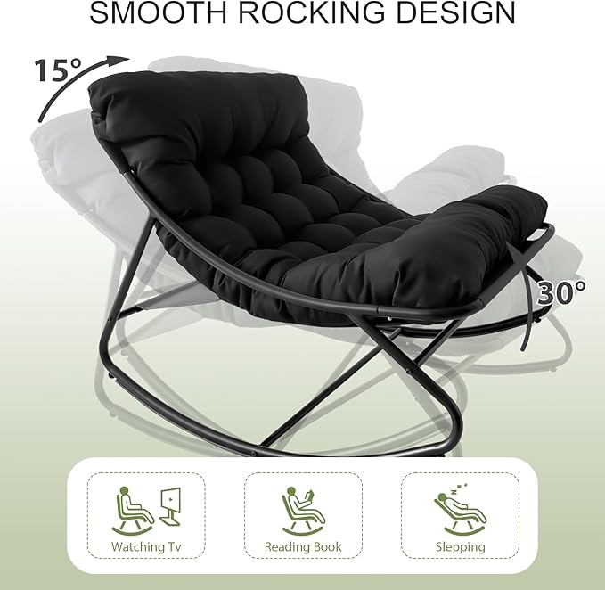 Patio Rocking Chair with Ottoman Outdoor & Indoor, Rocking Chairs Padded with Foot Rest, 330lbs Capacity, Metal Outdoor Rocker for Garden, Deck, Living Room, Bedroom, Balcony (Black)