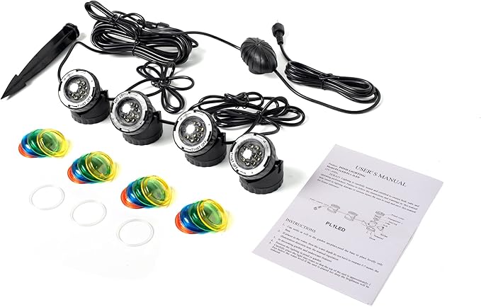 Jebao Underwater Fountain Pond Submersible LED Light with Photocell Sensor, Set of 4