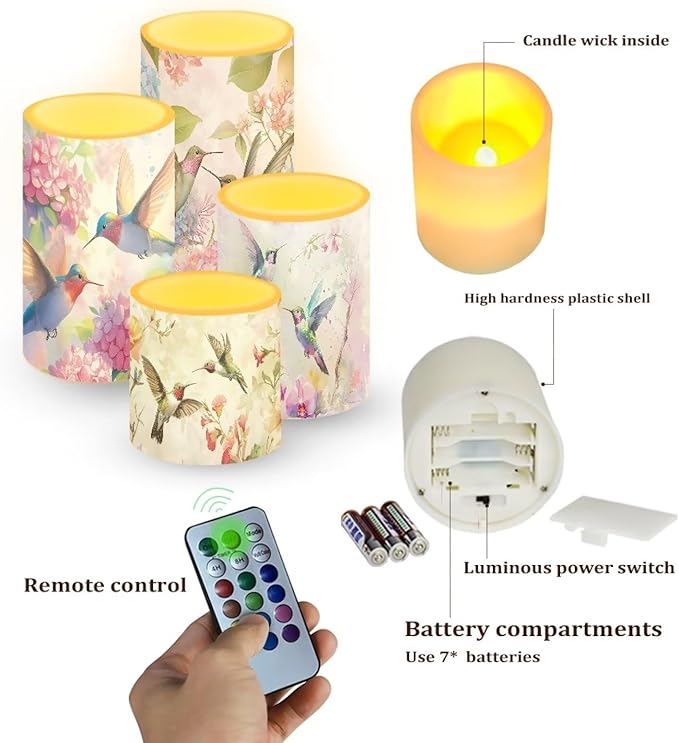 Vintage Flower Hummingbird Flameless Candles Battery Powered LED Pillar Candles Tealights with Remote Timer Color Changing Control for Home Decor Set of 4